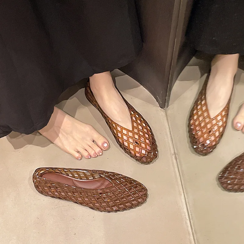 New V-mouth Crystal Jelly Shoes Fashionable, Versatile, Comfortable, Flat Bottom Single Shoes, Casual Sandals for Women