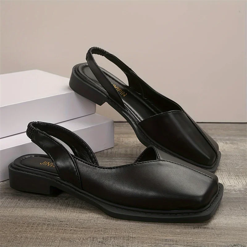 Leather Toe Cap Sandals for Women 2024 New Flat Bottomed Square Toe Single Shoes, Retro Exterior Wear, Anti Slip Beach Slippers