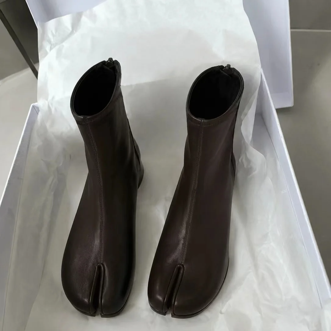 Women Split Toe ShoesPU Leather Tabi Boots Fashion Round Chunky High Heel Ankle Boots For Ladies Autumn Winter