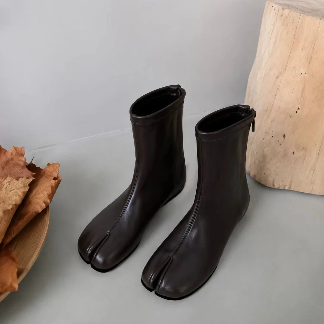 Women Split Toe ShoesPU Leather Tabi Boots Fashion Round Chunky High Heel Ankle Boots For Ladies Autumn Winter