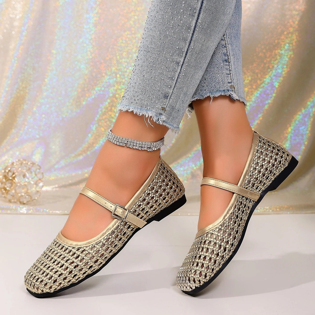 Women's Woven Mary Jane Flats Breathable Hollow Out Leather Buckle Strap Shoes Retro Brown Square Toe Casual Summer Ballet Flats