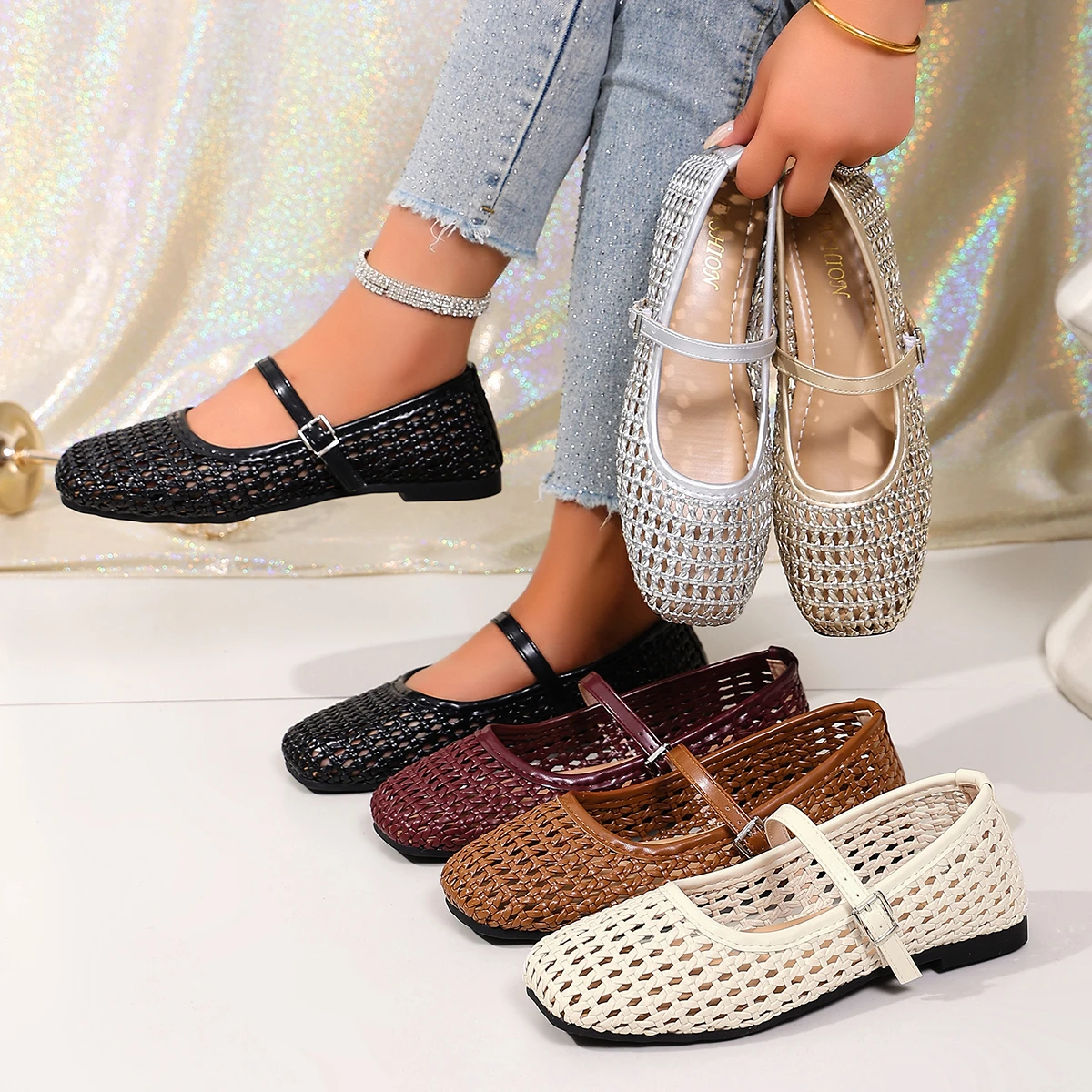 Women's Woven Mary Jane Flats Breathable Hollow Out Leather Buckle Strap Shoes Retro Brown Square Toe Casual Summer Ballet Flats