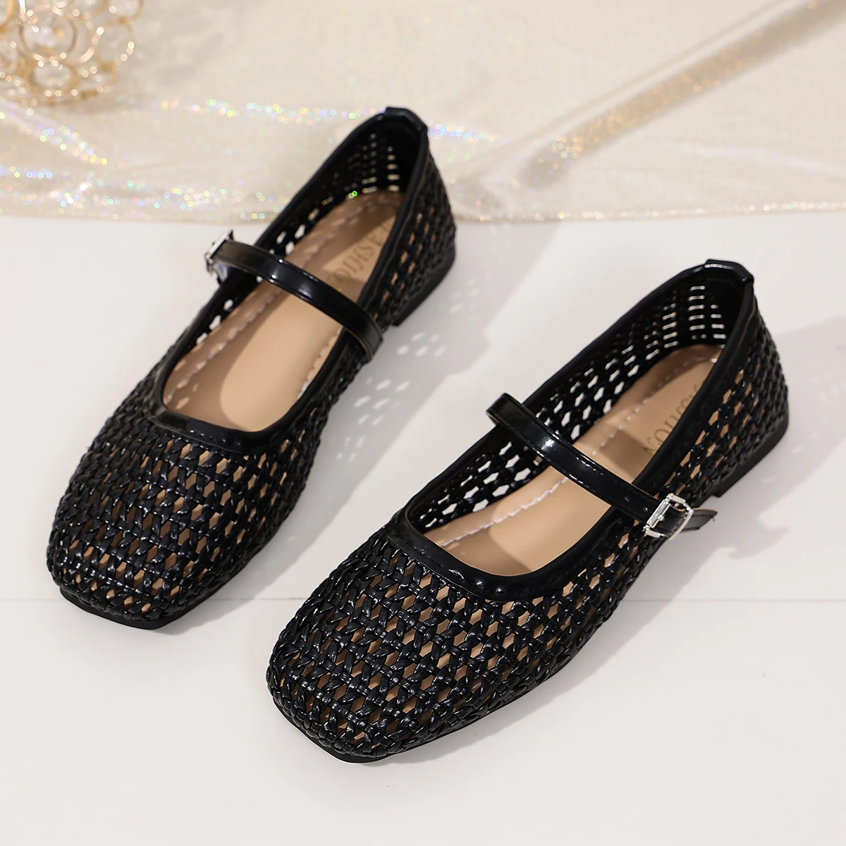 Women's Woven Mary Jane Flats Breathable Hollow Out Leather Buckle Strap Shoes Retro Brown Square Toe Casual Summer Ballet Flats