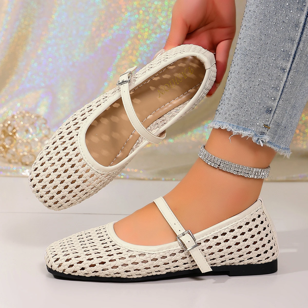 Women's Woven Mary Jane Flats Breathable Hollow Out Leather Buckle Strap Shoes Retro Brown Square Toe Casual Summer Ballet Flats