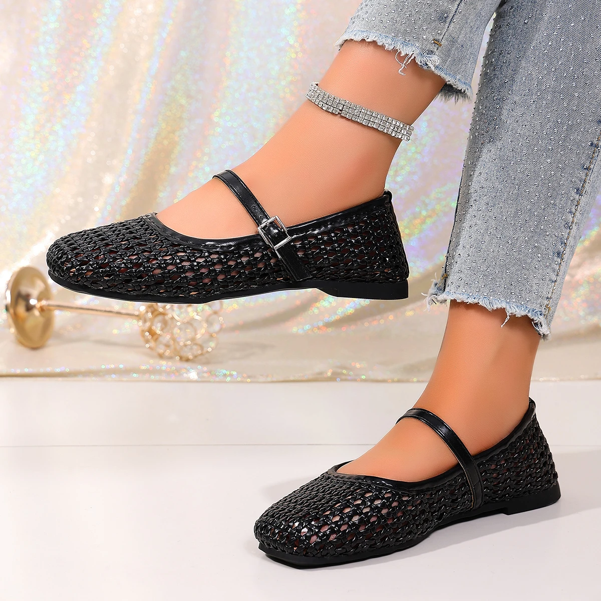 Women's Woven Mary Jane Flats Breathable Hollow Out Leather Buckle Strap Shoes Retro Brown Square Toe Casual Summer Ballet Flats
