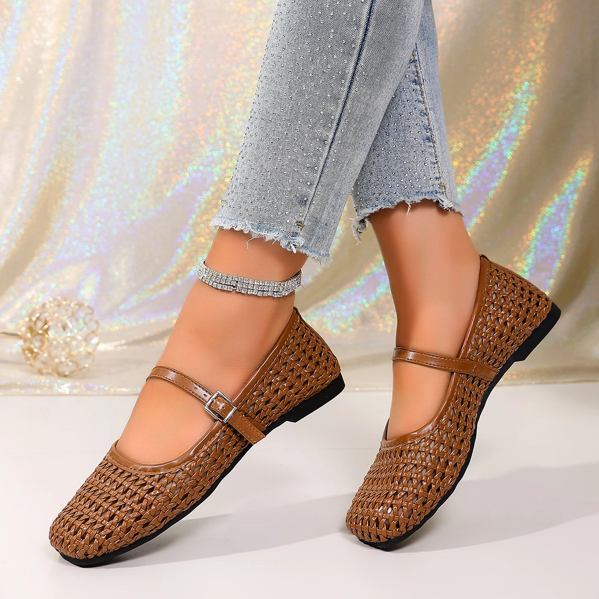 Women's Woven Mary Jane Flats Breathable Hollow Out Leather Buckle Strap Shoes Retro Brown Square Toe Casual Summer Ballet Flats