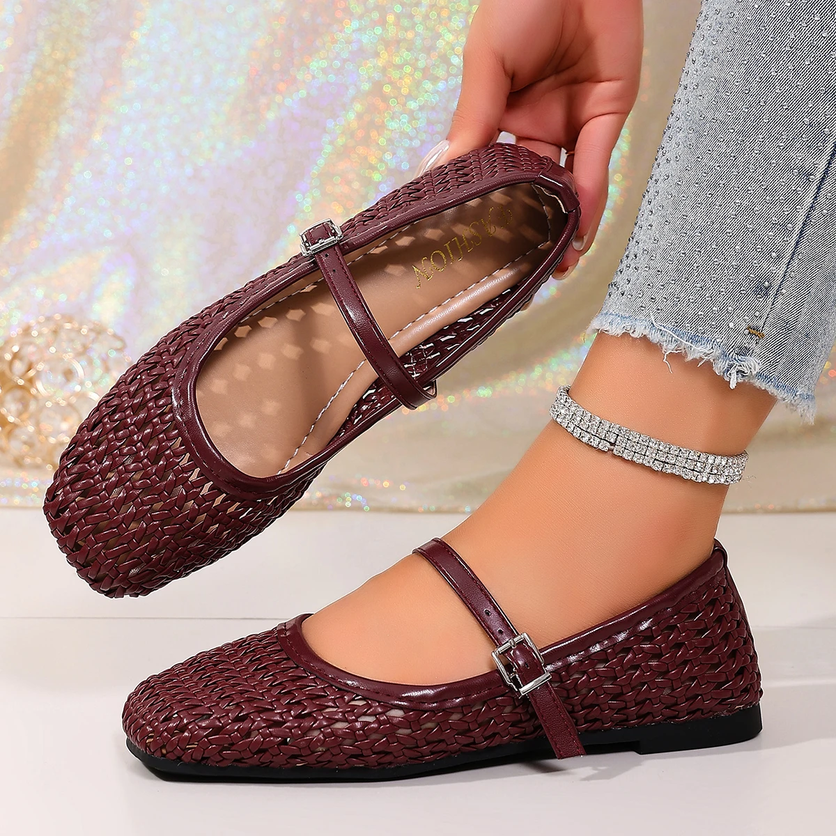 Women's Woven Mary Jane Flats Breathable Hollow Out Leather Buckle Strap Shoes Retro Brown Square Toe Casual Summer Ballet Flats