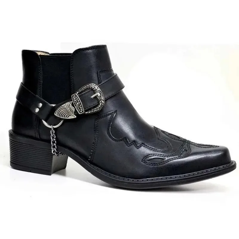 Luxury Mens Boots Fashion Pointed Toe Ankle Boot Quality High Top Leather Boot Chain Buckle Strap Design Men Boots Cowboy Boots