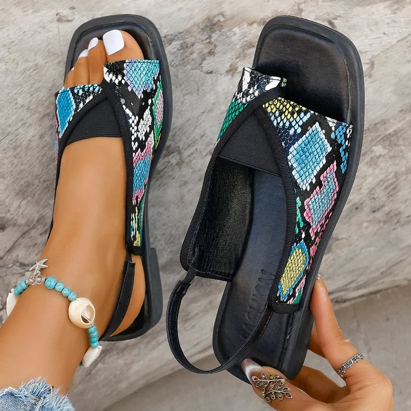 New Summer Women's Genuine Leather Open-Toe Sandals Fashionable Flat Square-Toe Sandals 2026 Retro Outdoor Beach Casual Sandals