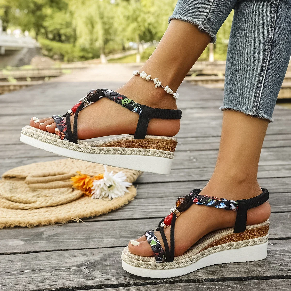 Fashion T-Strap Platform Sandals for Women New Mix Color Elastic Band Wedge Sandals Woman Summer Daily Open Toe Sandalias Female
