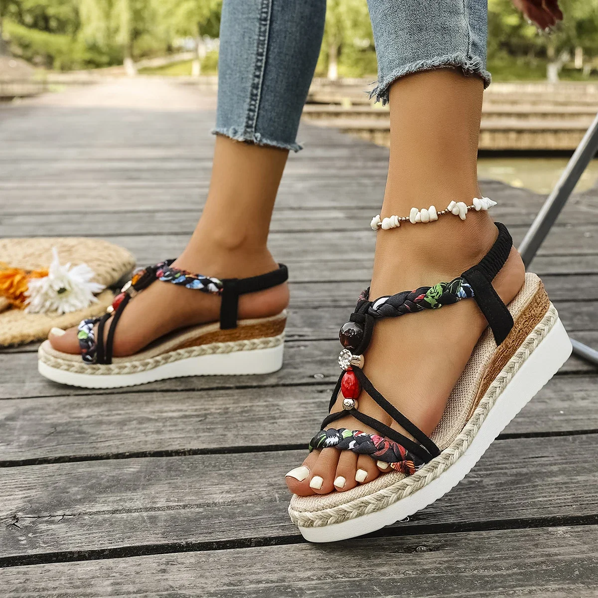 Fashion T-Strap Platform Sandals for Women New Mix Color Elastic Band Wedge Sandals Woman Summer Daily Open Toe Sandalias Female