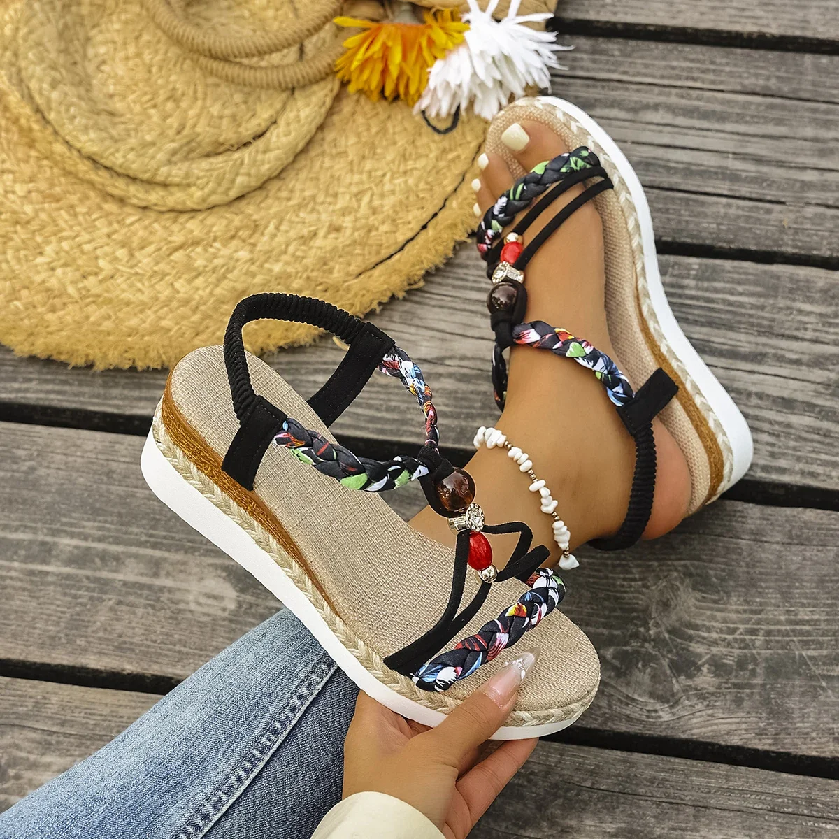 Fashion T-Strap Platform Sandals for Women New Mix Color Elastic Band Wedge Sandals Woman Summer Daily Open Toe Sandalias Female