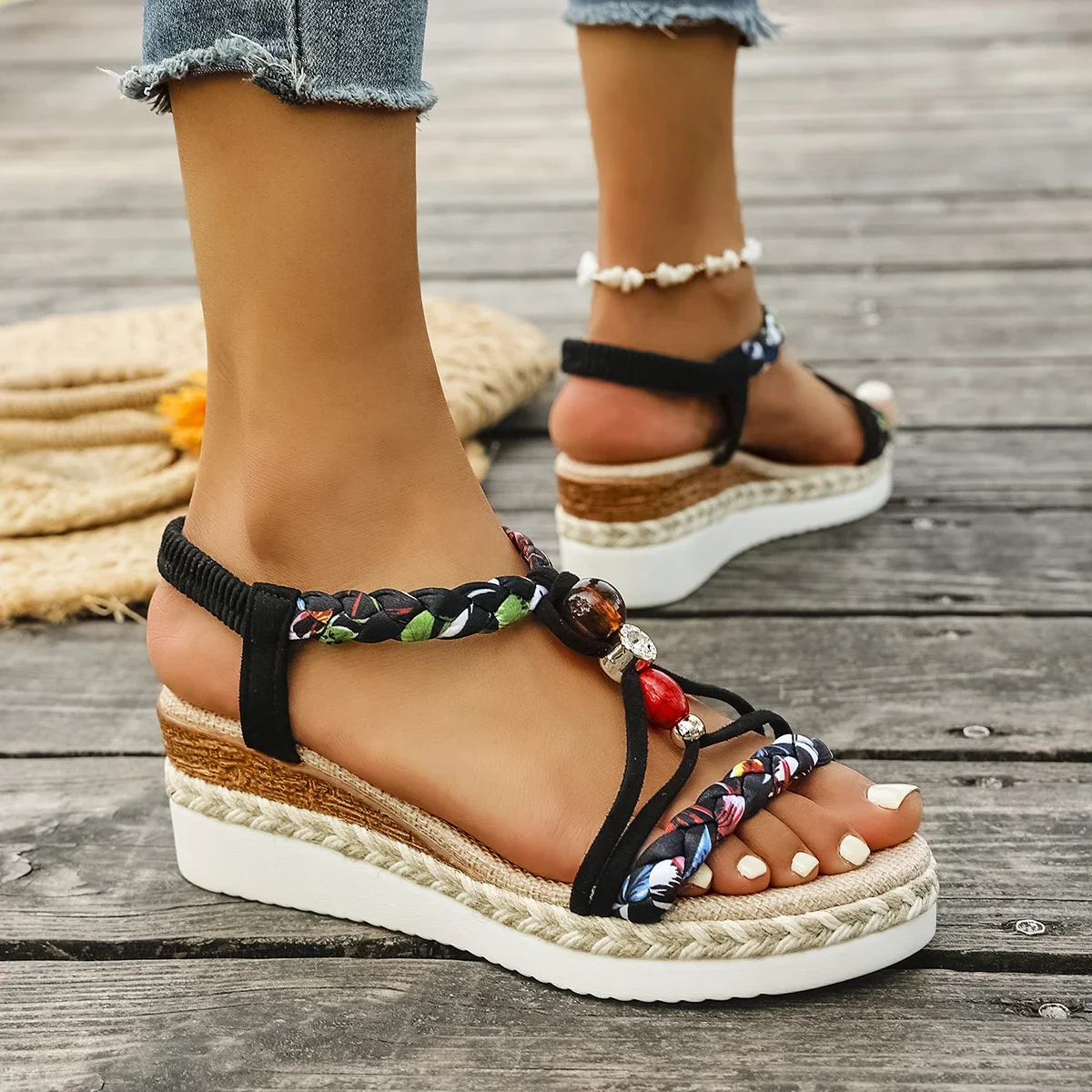 Fashion T-Strap Platform Sandals for Women New Mix Color Elastic Band Wedge Sandals Woman Summer Daily Open Toe Sandalias Female
