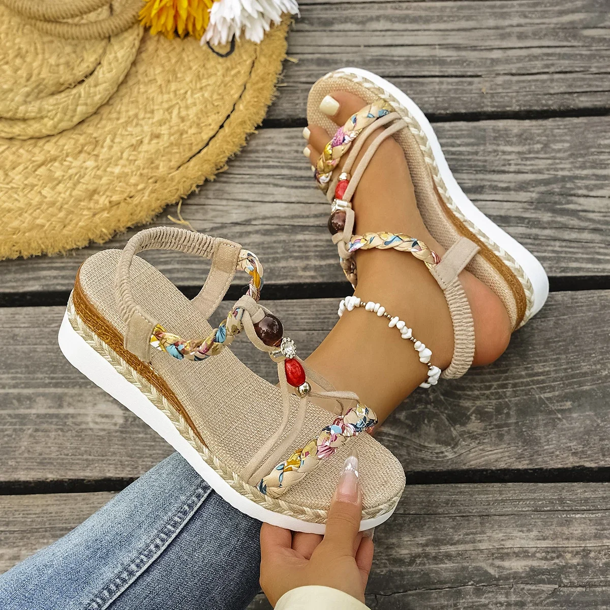 Fashion T-Strap Platform Sandals for Women New Mix Color Elastic Band Wedge Sandals Woman Summer Daily Open Toe Sandalias Female