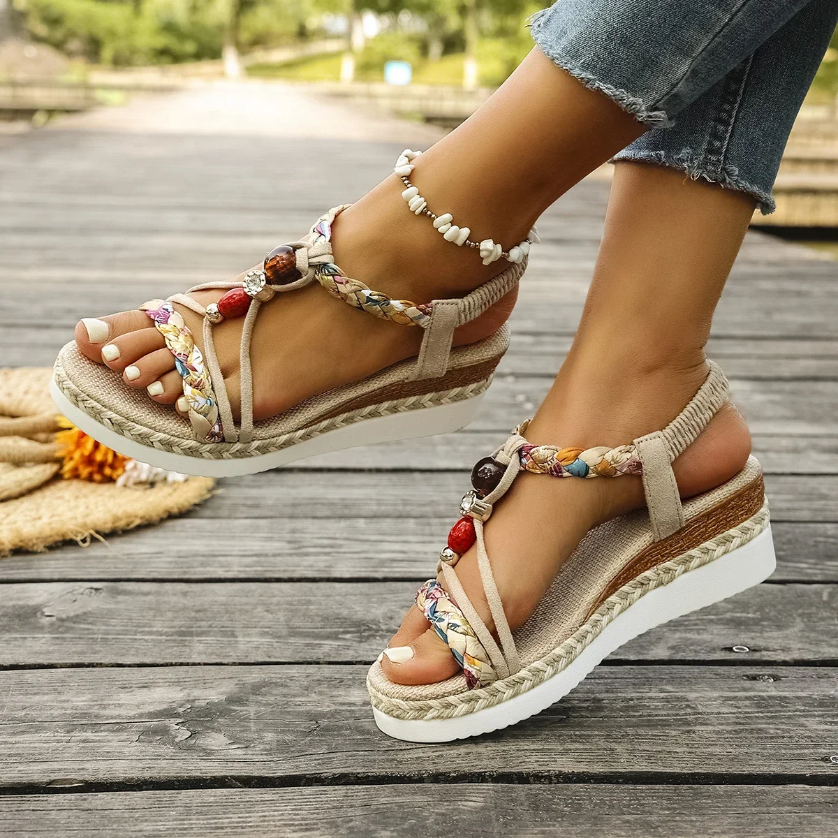 Fashion T-Strap Platform Sandals for Women New Mix Color Elastic Band Wedge Sandals Woman Summer Daily Open Toe Sandalias Female