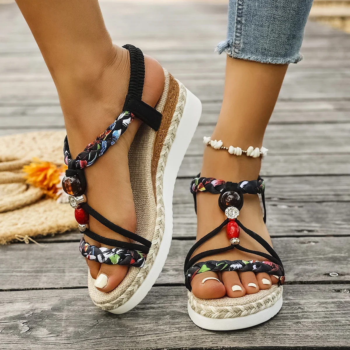 Fashion T-Strap Platform Sandals for Women New Mix Color Elastic Band Wedge Sandals Woman Summer Daily Open Toe Sandalias Female