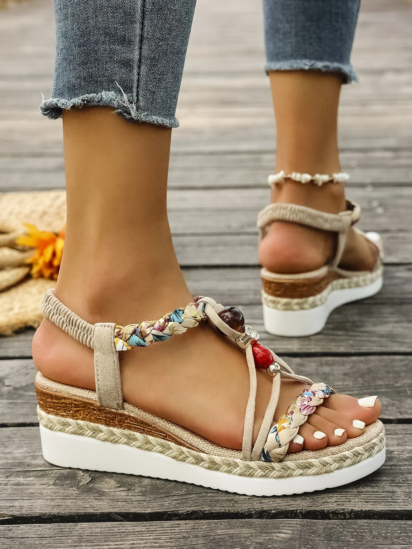 Fashion T-Strap Platform Sandals for Women New Mix Color Elastic Band Wedge Sandals Woman Summer Daily Open Toe Sandalias Female