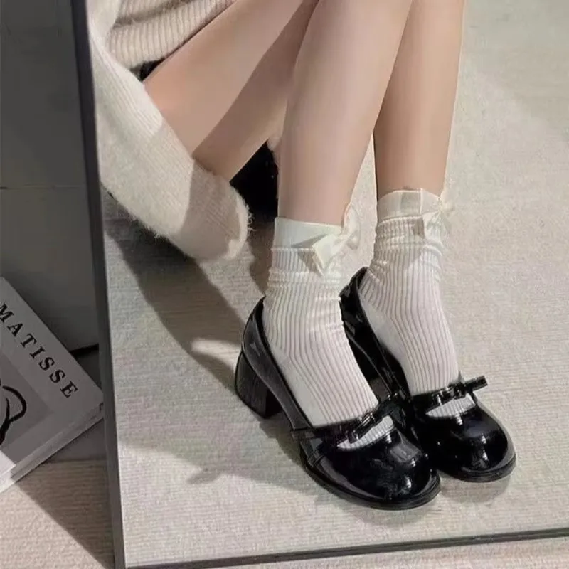 Spring/autumn Mid Heel Mary Janes Square Toe Square Heel 2025 Hot Sale Ladies Shoes New Solid Butterfly-knot Fashion Pumps