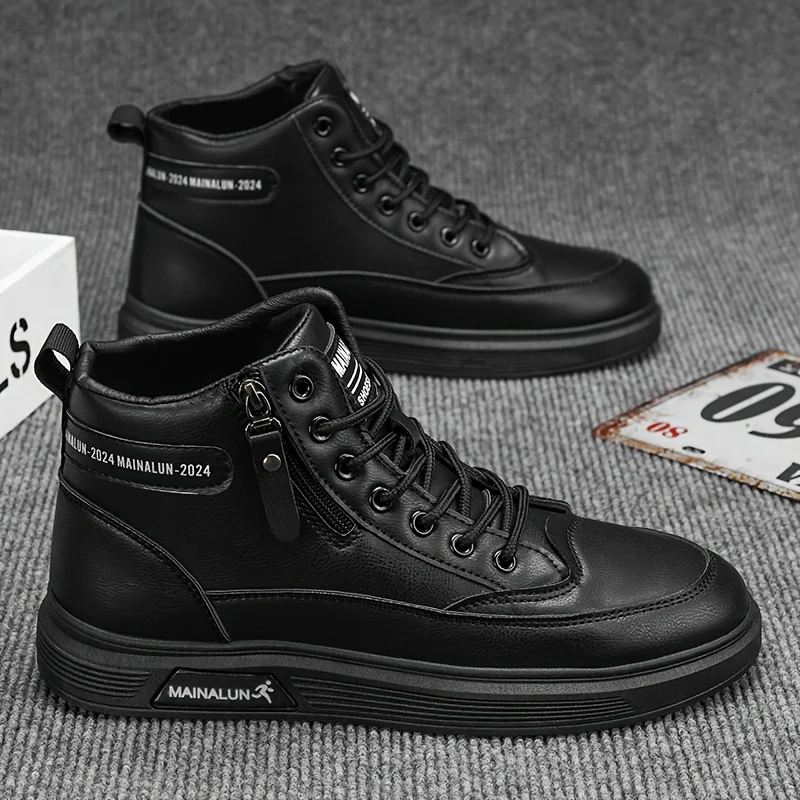 High-Top Sneakers for Men Designed for All Seasons, Featuring a Non-Slip PU Sole And a White Laceless Design Suitable for Urban