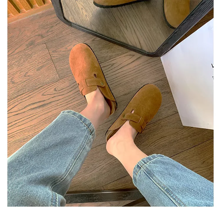 New Retro Fashion Women's Shoes Solid Color Soft Soled Slingback Shoes Round Toe Thick-Soled Suede Clogs Sandals Outdoor Beach