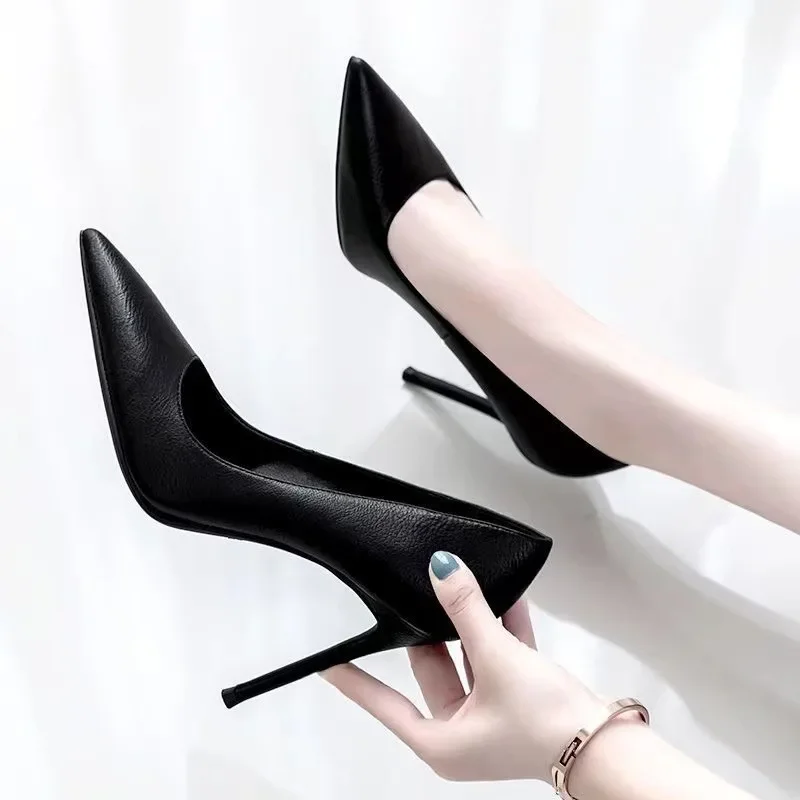 Black High Heels Women Slim Heels Large Size Spring and Summer New All-in-one Pointed Work Career Single Shoes Zapatos De Mujer