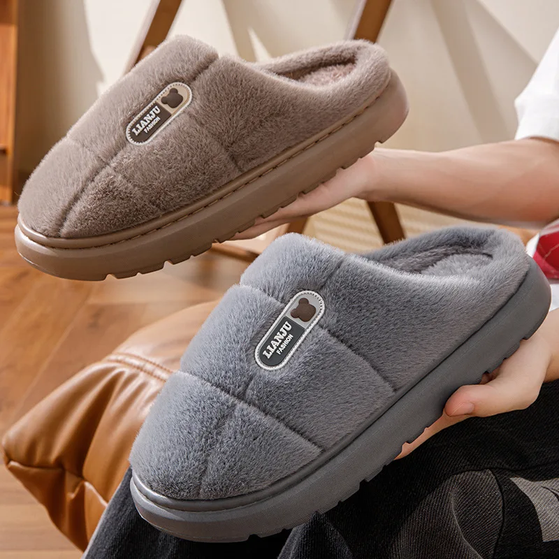 Big Size 50 51 Winter Slippers Men Thick Sole Indoor Home Warm Couples Shoes Non-Slip Flat Platform Cotton Slipper