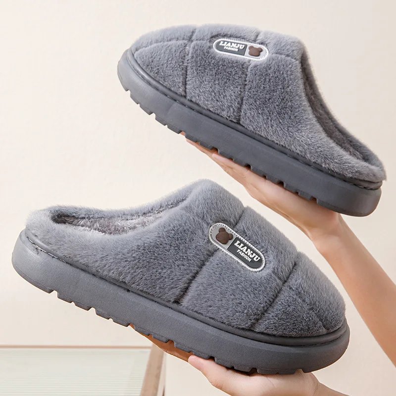 Big Size 50 51 Winter Slippers Men Thick Sole Indoor Home Warm Couples Shoes Non-Slip Flat Platform Cotton Slipper
