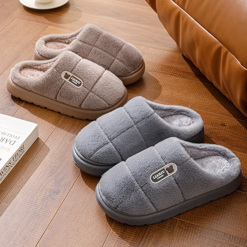 Big Size 50 51 Winter Slippers Men Thick Sole Indoor Home Warm Couples Shoes Non-Slip Flat Platform Cotton Slipper
