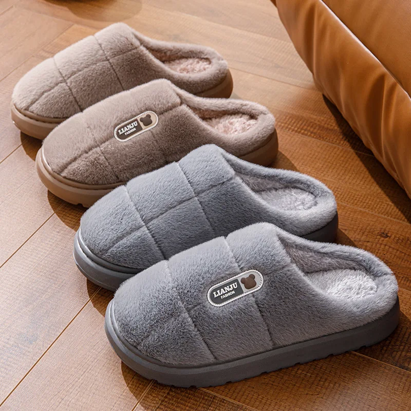 Big Size 50 51 Winter Slippers Men Thick Sole Indoor Home Warm Couples Shoes Non-Slip Flat Platform Cotton Slipper