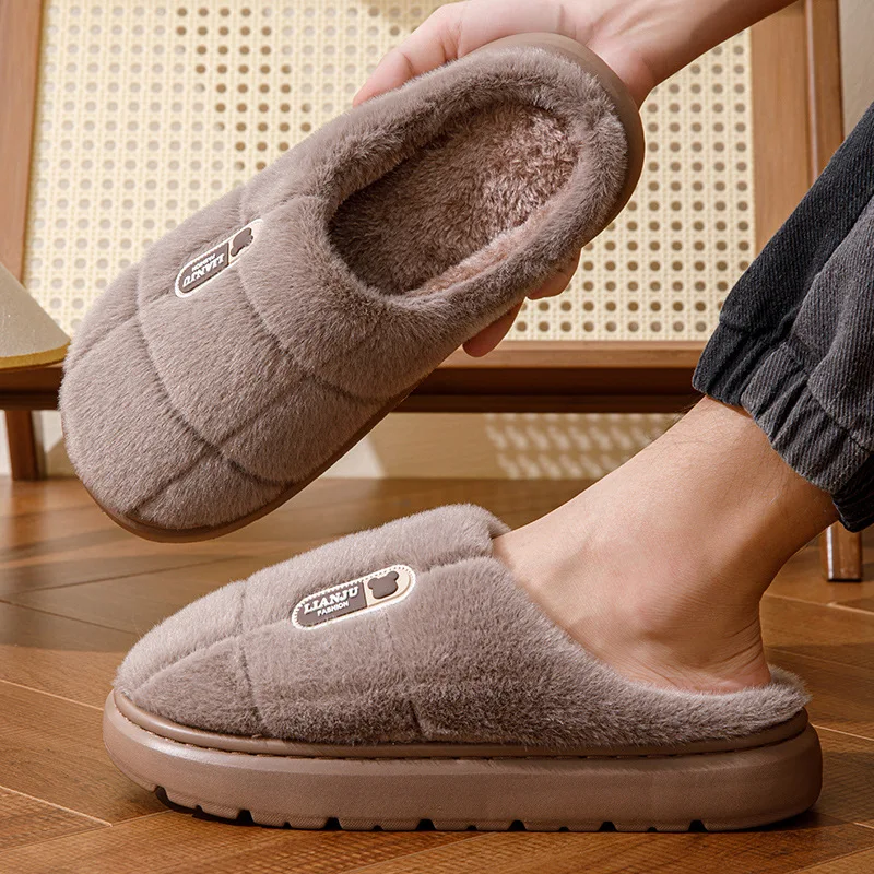 Big Size 50 51 Winter Slippers Men Thick Sole Indoor Home Warm Couples Shoes Non-Slip Flat Platform Cotton Slipper