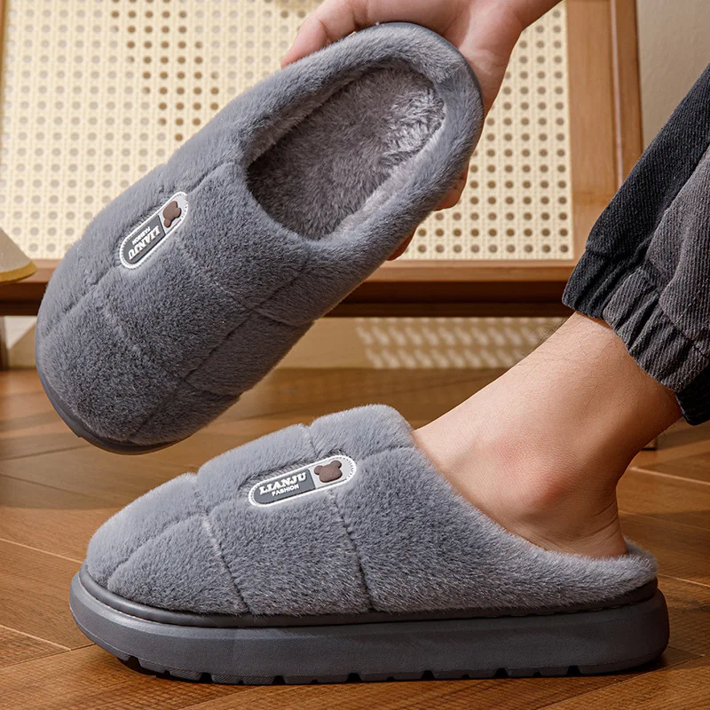 Big Size 50 51 Winter Slippers Men Thick Sole Indoor Home Warm Couples Shoes Non-Slip Flat Platform Cotton Slipper