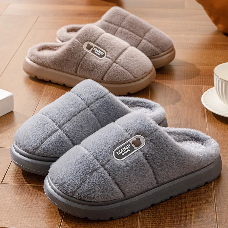Big Size 50 51 Winter Slippers Men Thick Sole Indoor Home Warm Couples Shoes Non-Slip Flat Platform Cotton Slipper