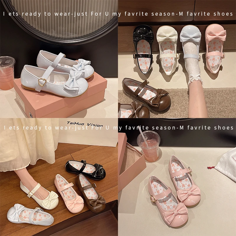 Lolita Mary Jane Shoes for Women Sweet Bowknot Round Toe Flat Shoes Cute Style Daily Princess Ballet Flats Sapatos Femininos