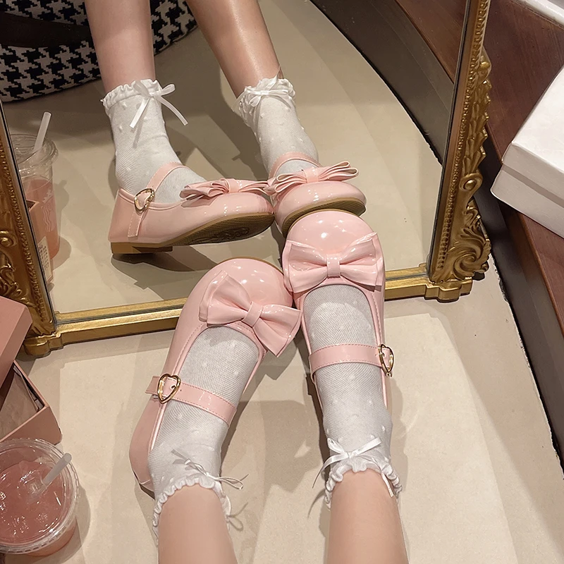 Lolita Mary Jane Shoes for Women Sweet Bowknot Round Toe Flat Shoes Cute Style Daily Princess Ballet Flats Sapatos Femininos