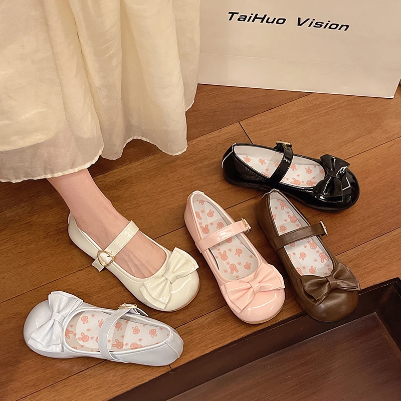 Lolita Mary Jane Shoes for Women Sweet Bowknot Round Toe Flat Shoes Cute Style Daily Princess Ballet Flats Sapatos Femininos