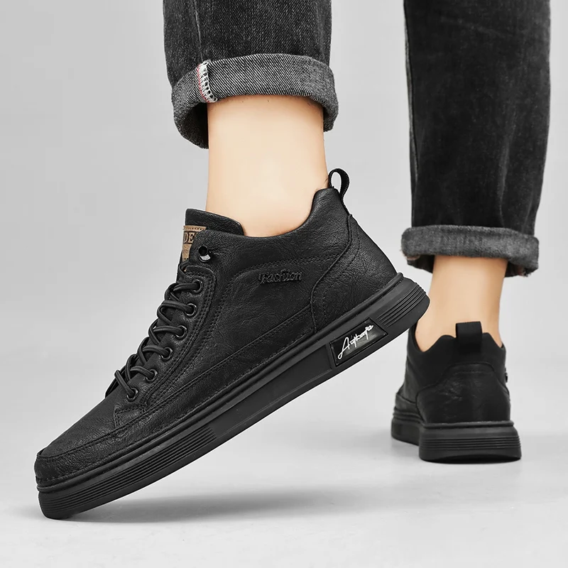 British Leather Men's Casual Shoes Breathable Trendy Handmade Shoes Platform Breathable Shoes Male Walking Shoes Men Black Shoes