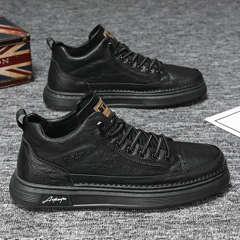 British Leather Men's Casual Shoes Breathable Trendy Handmade Shoes Platform Breathable Shoes Male Walking Shoes Men Black Shoes