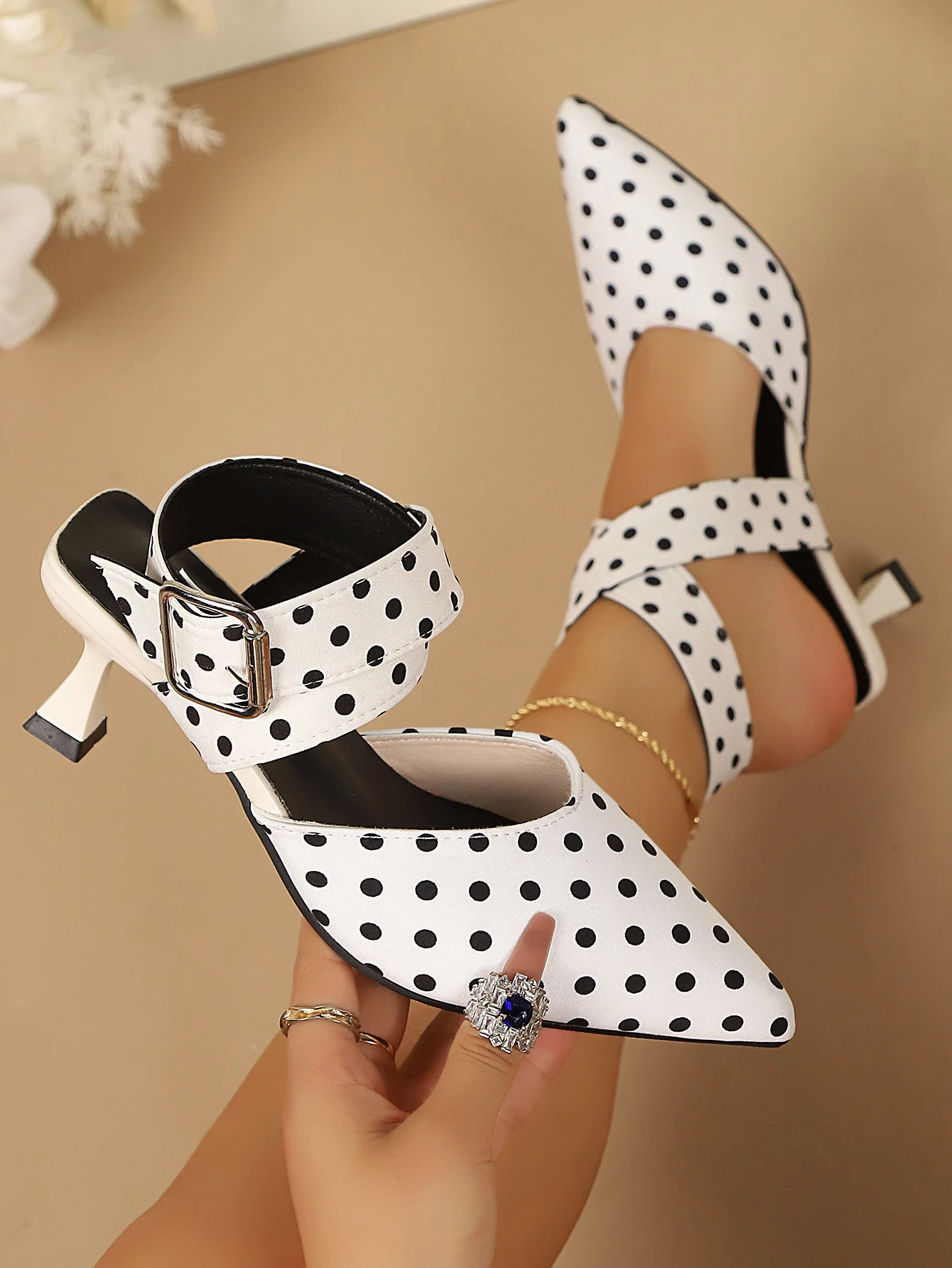 Ladies Cross-Band High Heels Sandals Thin Heel Summer New Polka Dot Slip-On Buckle Strap Elegant Footwear for Women