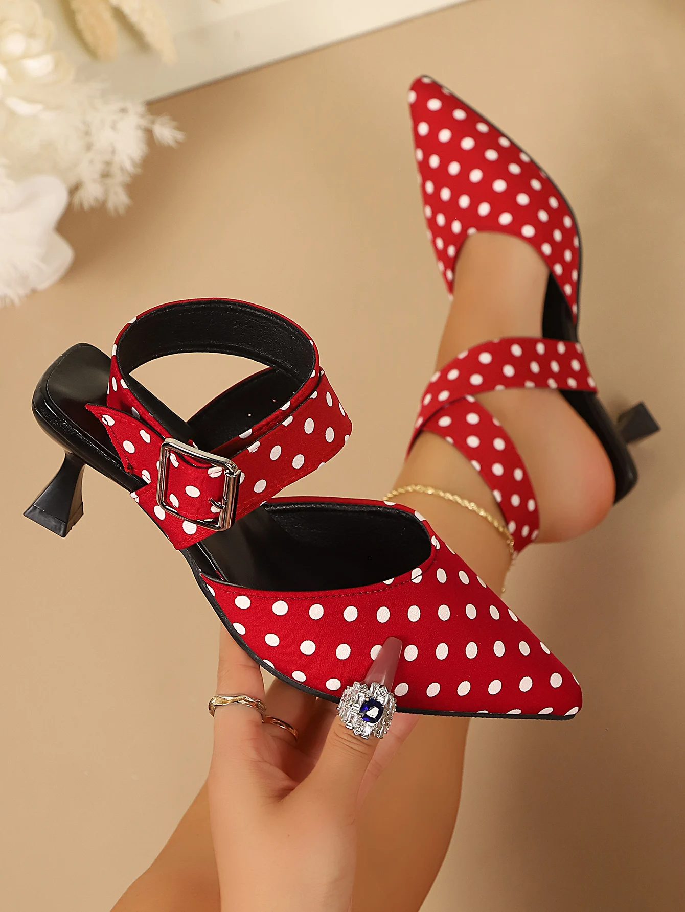 Ladies Cross-Band High Heels Sandals Thin Heel Summer New Polka Dot Slip-On Buckle Strap Elegant Footwear for Women