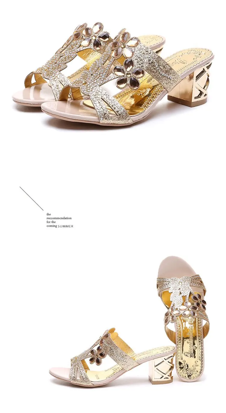 2024 New Hot Glitter Mesh Women Sandals Summer Fashion Outdoor Peep Toe Casual Beach Slippers Thick Heel Slip on Women Sandals