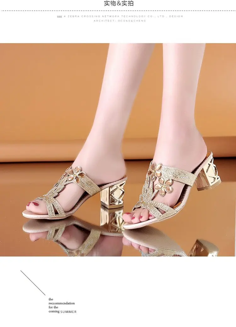 2024 New Hot Glitter Mesh Women Sandals Summer Fashion Outdoor Peep Toe Casual Beach Slippers Thick Heel Slip on Women Sandals