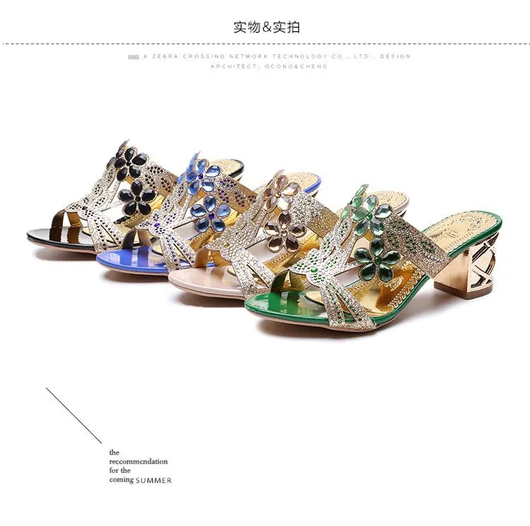 2024 New Hot Glitter Mesh Women Sandals Summer Fashion Outdoor Peep Toe Casual Beach Slippers Thick Heel Slip on Women Sandals
