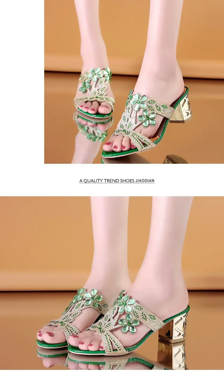 2024 New Hot Glitter Mesh Women Sandals Summer Fashion Outdoor Peep Toe Casual Beach Slippers Thick Heel Slip on Women Sandals