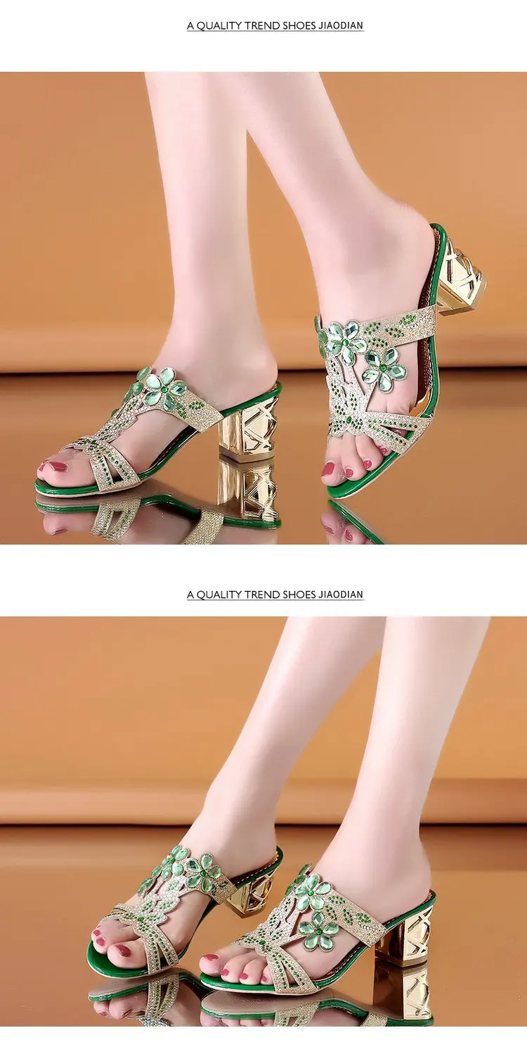 2024 New Hot Glitter Mesh Women Sandals Summer Fashion Outdoor Peep Toe Casual Beach Slippers Thick Heel Slip on Women Sandals