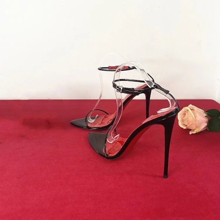 Women Pointed Toe Ankle Strap Pumps Leather Stiletto High Heels Slip‑on Shoes Ladies Evening Party Dress Sandals