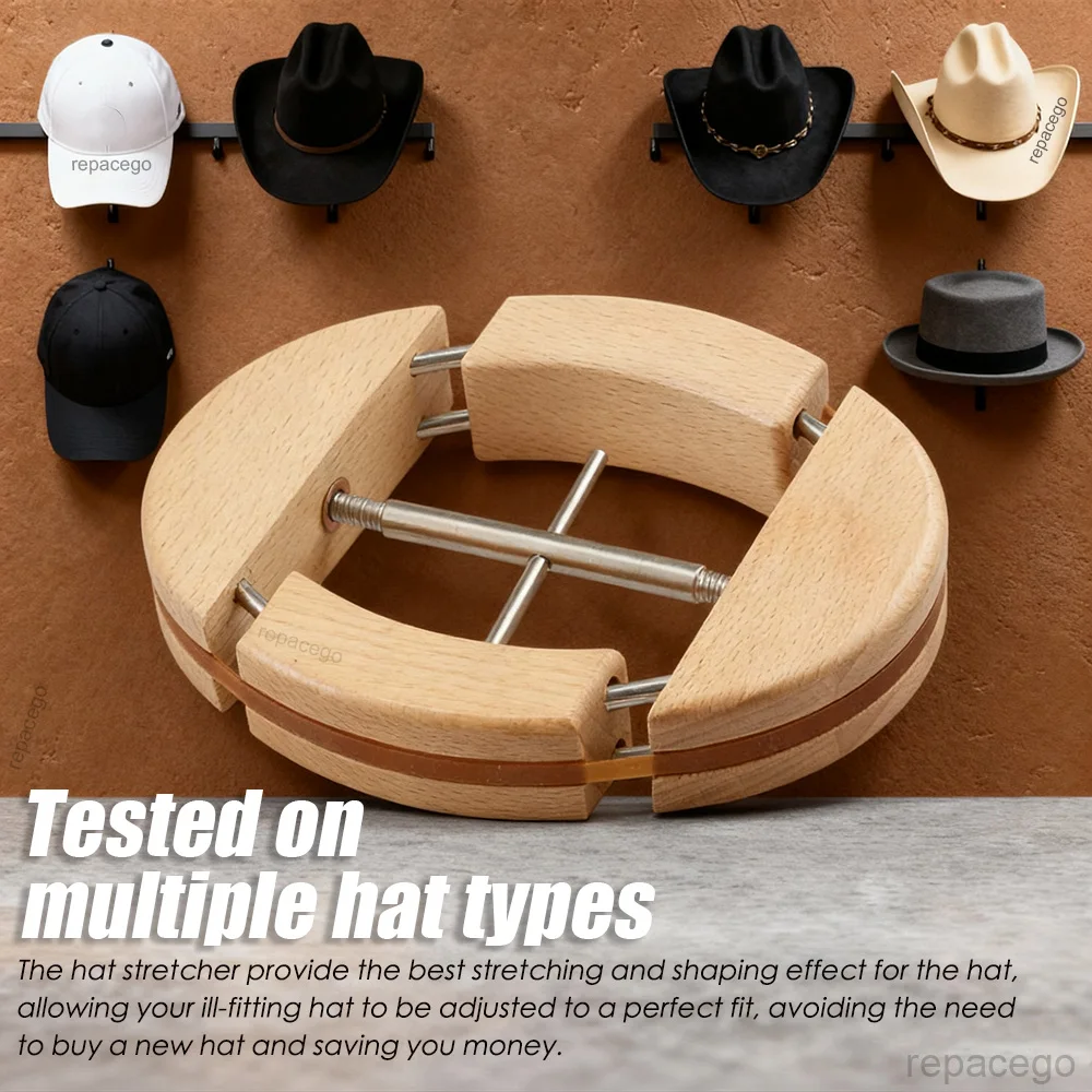 Repacego 4 Way Adjustable Wooden Hat Stretcher Cap Shape Maintainer Premium Fedora Hat Rack for Storage Cowboy Baseball Holders