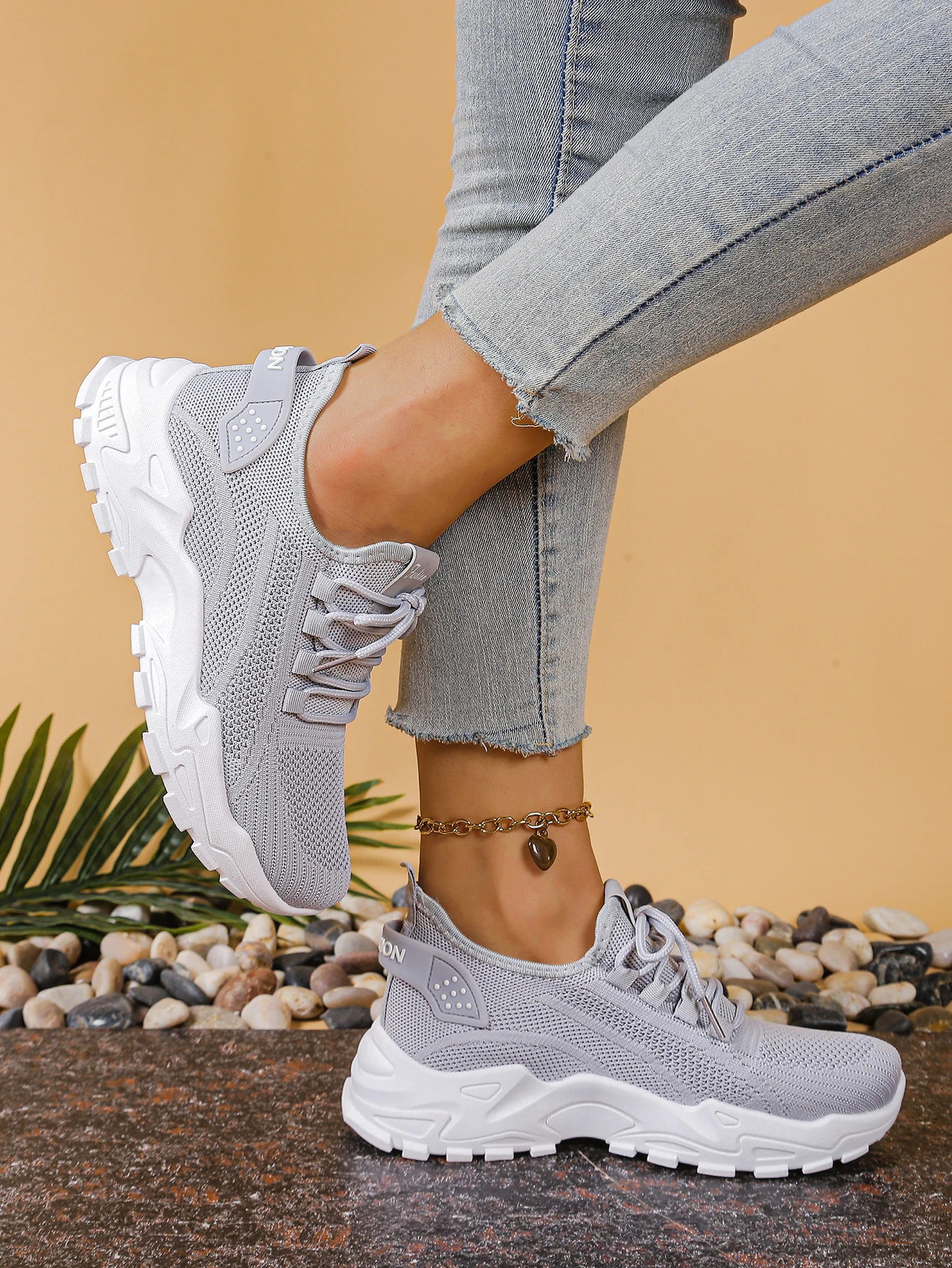 Women's Chunky Dad/Mom Sneakers 4cm Heightening Knit Mesh Breathable Non-Slip Lace Up Casual Athletic Trainers