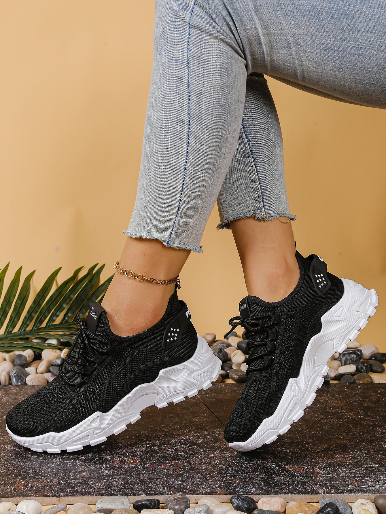 Women's Chunky Dad/Mom Sneakers 4cm Heightening Knit Mesh Breathable Non-Slip Lace Up Casual Athletic Trainers