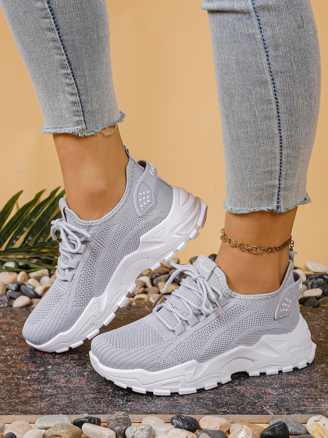 Women's Chunky Dad/Mom Sneakers 4cm Heightening Knit Mesh Breathable Non-Slip Lace Up Casual Athletic Trainers