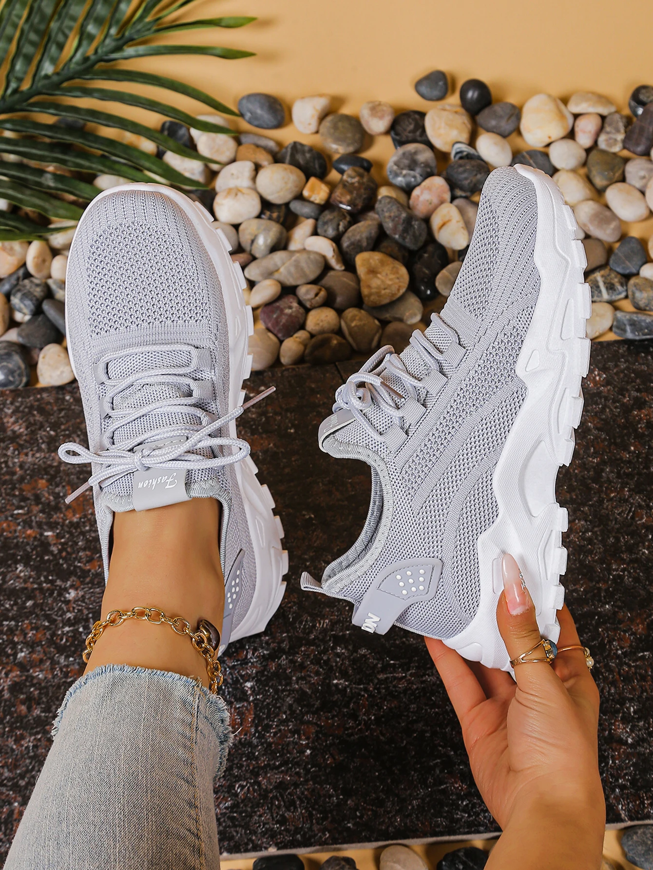 Women's Chunky Dad/Mom Sneakers 4cm Heightening Knit Mesh Breathable Non-Slip Lace Up Casual Athletic Trainers